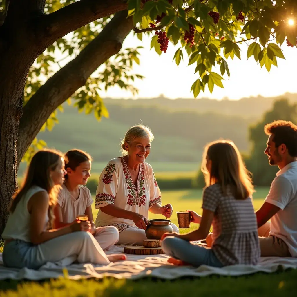 Egy nő, aki a teát kortyolja, miközben relaxál a természetben.